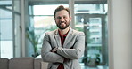 Crossed arms, business and face of man in lobby with confidence, pride and ambition for career. Professional, corporate office and portrait of person for finance advisor, investor job and opportunity
