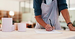 Hands, workshop and checklist with pottery, inventory and product manufacturing inspection. Ceramic manager, person and clay mug for stock, designer and small business or studio or retail production