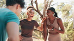 Talking, laugh and friends in park for running, cardio workout and exercise for wellness in morning. Fitness, runner group and men and women in funny conversation on break, relax or rest for training
