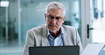 Laptop, video call and documents with business man in office for investment report, webinar and online meeting. Account manager, virtual conference and chat with mature person in financial agency