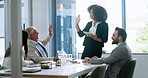 Collaboration, high five and woman with tablet, group or discussion for marketing strategy in boardroom. Talk, people and colleagues with plan for financial growth, meeting or brainstorming with tech