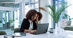 Thinking, stress and business black woman on laptop for investment decision, project ideas and proposal. Professional, corporate and person worry for planning, financial strategy and problem solving