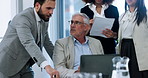 Collaboration, team and people with laptop, review and ideas for marketing strategy, planning and office. Meeting, group and colleagues with online for financial growth, brainstorming and paperwork