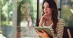 Home, woman and online with tablet for thinking, connection and remember pin for website. Window, mature female and tech with network to download, internet and contemplate password for social media
