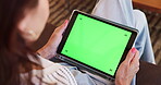 Woman, relax and tablet with green screen at house for streaming online, watching movie and entertainment. Above, person or mockup space with tracking markers, multimedia film and cinema subscription