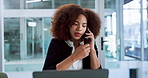 Phone call, documents and talking with business woman in office for contact, feedback and account broker. Virtual advisor, discussion and portfolio manager with person in agency for chat and planning