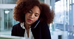 Phone call, tablet and talking with business woman in office for contact, feedback and account broker. Virtual advisor, discussion and portfolio manager with person in agency for chat and planning