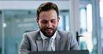 Businessman, typing and smile with laptop at office, project and budget review at insurance agency. Person, financial consultant and computer with feedback, results or contact at corporate company