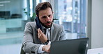 Business, man and reading on laptop with phone call for discussion, schedule update and finance report. Male person, communication and online for research, budget planning and contact for negotiation