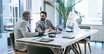 Office, meeting and men with laptop, discussion and review of stock market for investment opportunity. Business, boss and employee with tech for financial trends, research and people with documents