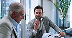 Meeting, documents and men with laptop, discussion and review of stock market for investment opportunity. Business, boss and employee with tech for financial trends, talking and people with ideas