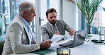 Meeting, review and men with laptop, discussion and research for stock market, online and colleagues. Business, boss and employee with tech for financial trends, talking and investment opportunity