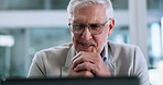 Office, reading and mature man with laptop, happy and review of financial report on website and online. Business, investor and person with tech for positive feedback, thinking and plan for investment