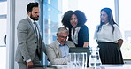 Collaboration, team and people with ideas, laptop or discussion for marketing strategy in boardroom. Talk, group and colleagues with plan for financial growth, meeting or brainstorming with paperwork