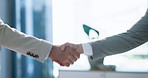 Business people, handshake and men with partnership, closeup or agreement with negotiation for budget report. Shaking hands, welcome or investors in office, thank you or  b2b deal with trade contract