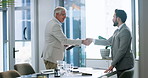 Business people, handshake and men in office, recruitment or onboarding with welcome. Shaking hands, human resource management or investors in workplace, thank you or hiring with greeting or proposal