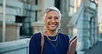 Face, laugh and business woman in city with folder for career in real estate, property investment and pride. Portrait, mature and happy professional outdoor with realtor or housing manager in Brazil