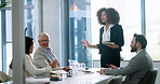 Collaboration, speaker and woman with tablet, group and discussion for marketing strategy in boardroom. Talk, people and colleagues with plan for financial growth, meeting and brainstorming with tech