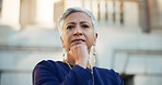 Face, thinking and business woman in city for insight in real estate, property investment or confidence for idea. Portrait, mature or serious professional outdoor with thoughts for housing management
