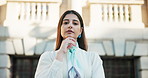 Face, thinking and business woman outdoor for insight in real estate, property investment and confidence for idea. Portrait, serious and professional in city with thoughts for housing consultant