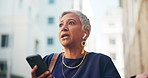 Business woman, phone call or city with earphones for communication, discussion or conversation. Mature, female person or consultant talking with mobile smartphone for negotiation or chat in town