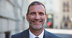 Laughing, face and mature businessman in city with confidence for entrepreneurship with ambition. Happy, portrait and male financial executive from Australia with pride for company growth in town.