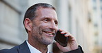 Phone call, communication and mature businessman in city with contact, negotiation or networking. Happy, professional and male financial banker on mobile discussion for investment contract in town.