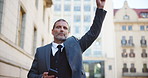 Business, taxi and man in city, smartphone and travel with connection, urban town and road trip. Mature person, employee and corporate professional in street, commute and waiting for cab or cellphone