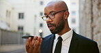 Phone call, speaker and business black man in city for attorney, legal representative or communication. Corporate lawyer, solicitor or contact with person outdoor for advocate and courtroom advisor