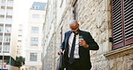Dance, happy and business black man in city on commute excited for promotion, job opportunity and success. Corporate, professional and person in urban town for celebration, achievement and victory