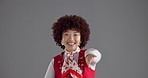 Woman, dancing and happy in studio with vintage clothes, face and excited for disco by background. Girl, person and laughing in portrait for party, fashion and retro event with costume in Brazil