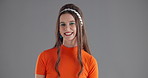 Face, smile and woman in studio for fashion, vintage style or makeup on gray background. Portrait, happy model and trendy clothes with retro outfit, aesthetic or confidence with mockup space in USA