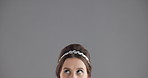 Brainstorming, mockup space and eyes of woman in studio with thinking, ideas or question for choice. Remember, decision and female person with planning, selection or why expression by gray background