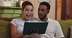 Home, online and couple with tablet, card and excited for payment of membership, social media or film. Apartment, man and woman with tech to purchase movie, living room and bonding with entertainment