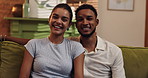 Happy, sofa and face of couple in home for moving into apartment, rental house and property. Real estate, living room and portrait of man and woman on couch for mortgage, purchase and investment