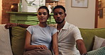 Serious, sofa and face of couple in home for moving into apartment, rental house and property. Real estate, living room and portrait of man and woman on couch for mortgage, purchase and investment