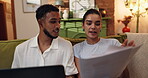 Couple, laptop and discussion with document, mortgage and financial planning or budgeting together on sofa at home. Man, woman and excited with finance, paperwork and bills payments in living room