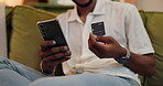 Hands, phone and credit card for ecommerce in home, relax on sofa with online shopping or subscription payment. Mobile app, banking or fintech for person with web store discount and transaction