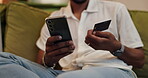 Hands, smartphone and credit card for ecommerce in home, relax on sofa with online shopping or subscription payment. Mobile app, banking or fintech for person with web store discount and transaction