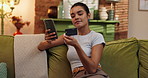 Woman, phone and credit card for ecommerce in home, sale with online shopping or subscription payment success. Mobile app, banking or fintech for happy person with web store discount and transaction