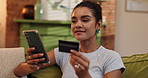 Woman, phone and credit card for ecommerce in house, sale with online shopping or subscription payment success. Mobile app, banking or fintech for happy person with web store discount and transaction