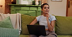 Freelancer, thinking and woman with laptop on sofa for creative inspiration, proofreading and editing article. Remote work, writer and happy with blog research, editor feedback and story development