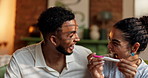 Couple, pregnancy test and happy with results in home, positive or good news for fertility, maternity and start family. Man, woman and new parents with stick for support, excited and IVF success
