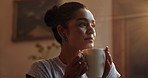 Thinking, morning and woman with coffee in home for caffeine break, resting and warm beverage. Inspiration, reflection and person with latte, tea or espresso for calm, peace and relax in living room