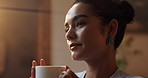 Happy, thinking and woman with coffee in morning for caffeine break, resting and warm beverage. Home, inspiration and person with latte, tea or espresso for calm, peace and thoughtful in living room