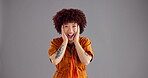Studio, excited and face of woman for surprise, announcement and emotion with happiness for winning. Mockup space, African female person and portrait with shock for good news, wow and gray background