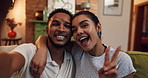 Happy couple, faces and peace sign with selfie on sofa for photography or picture together at home. Portrait, man and woman with smile, hug or emoji for capture moment, post or social media at house