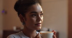 Thinking, morning and girl with coffee in home for caffeine break, resting and warm beverage. Morning, relax and person with latte, tea or espresso for calm, peace and inspiration in living room