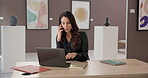Exhibition, businesswoman and art director with laptop for phone call, notes and schedule for gallery. Office, mature person and curator with mobile for talking, museum project and check information