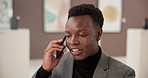 Art gallery, phone call and happy black man with discussion, culture and networking for creative business. Exhibition, critic or curator on mobile at studio, auction or showroom with communication